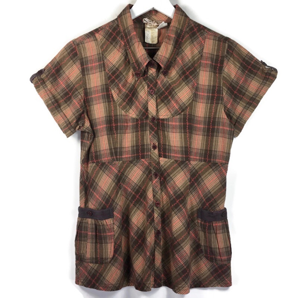O’Neill retro brown plaid short sleeve button shirt , size-medium